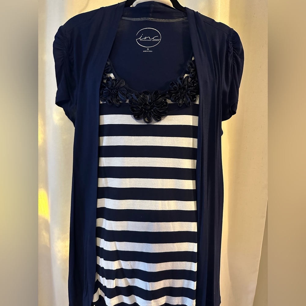 INC International Concepts Navy Short Sleeve cardigan with built in striped tank